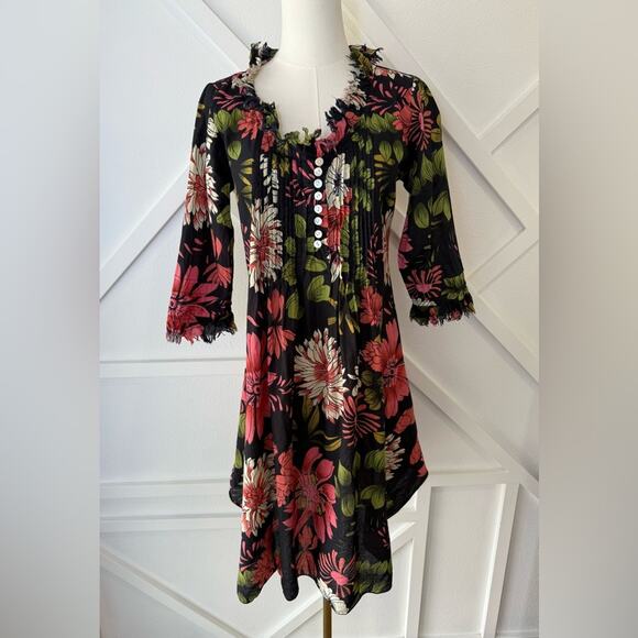 At Last… Annabel Cotton Kaftan Tunic Dress In Black Floral Size UK 8 US 4 - Picture 2 of 11